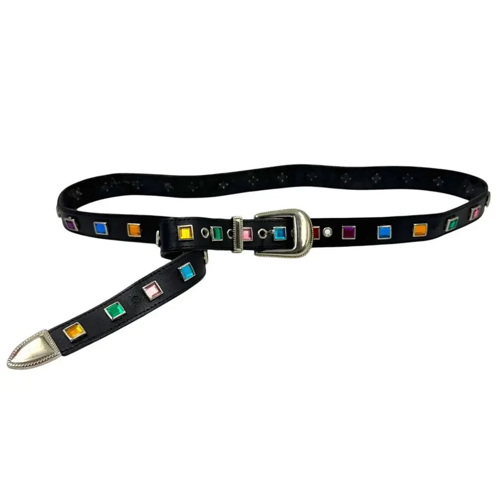 Vintage Nocona Rainbow Rhinestone Belt Women Black Leather Western Ranger Y2K ML